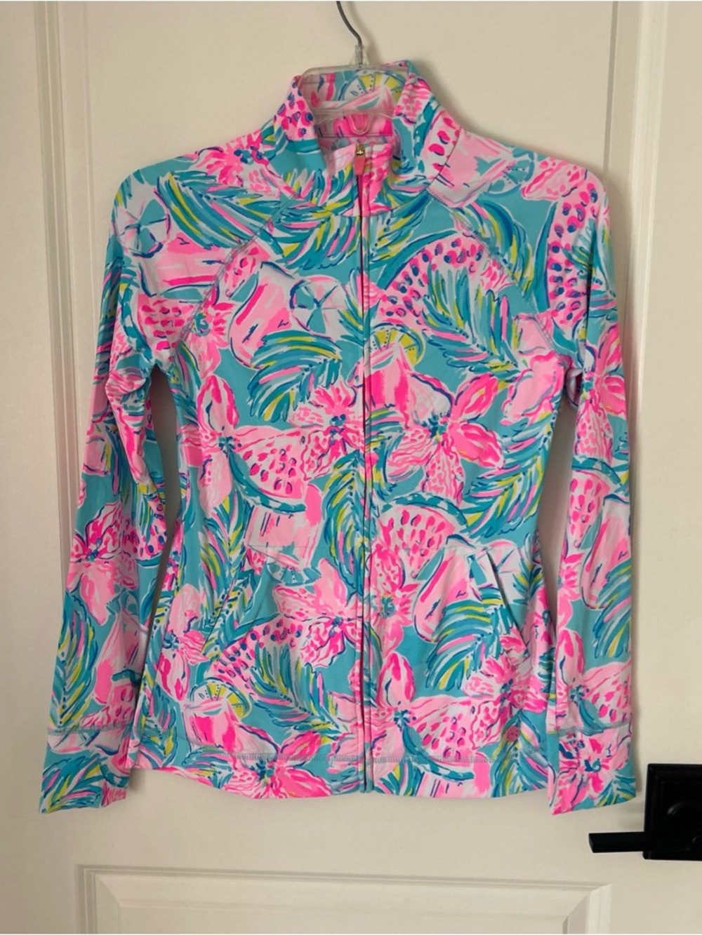 Lilly Pulitzer Hadlee Luxletic Blue Pink Tropical Print Full Zip Jacket XS